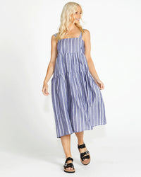 Lydia Shirred Back Midi Dress - Navy Stripe