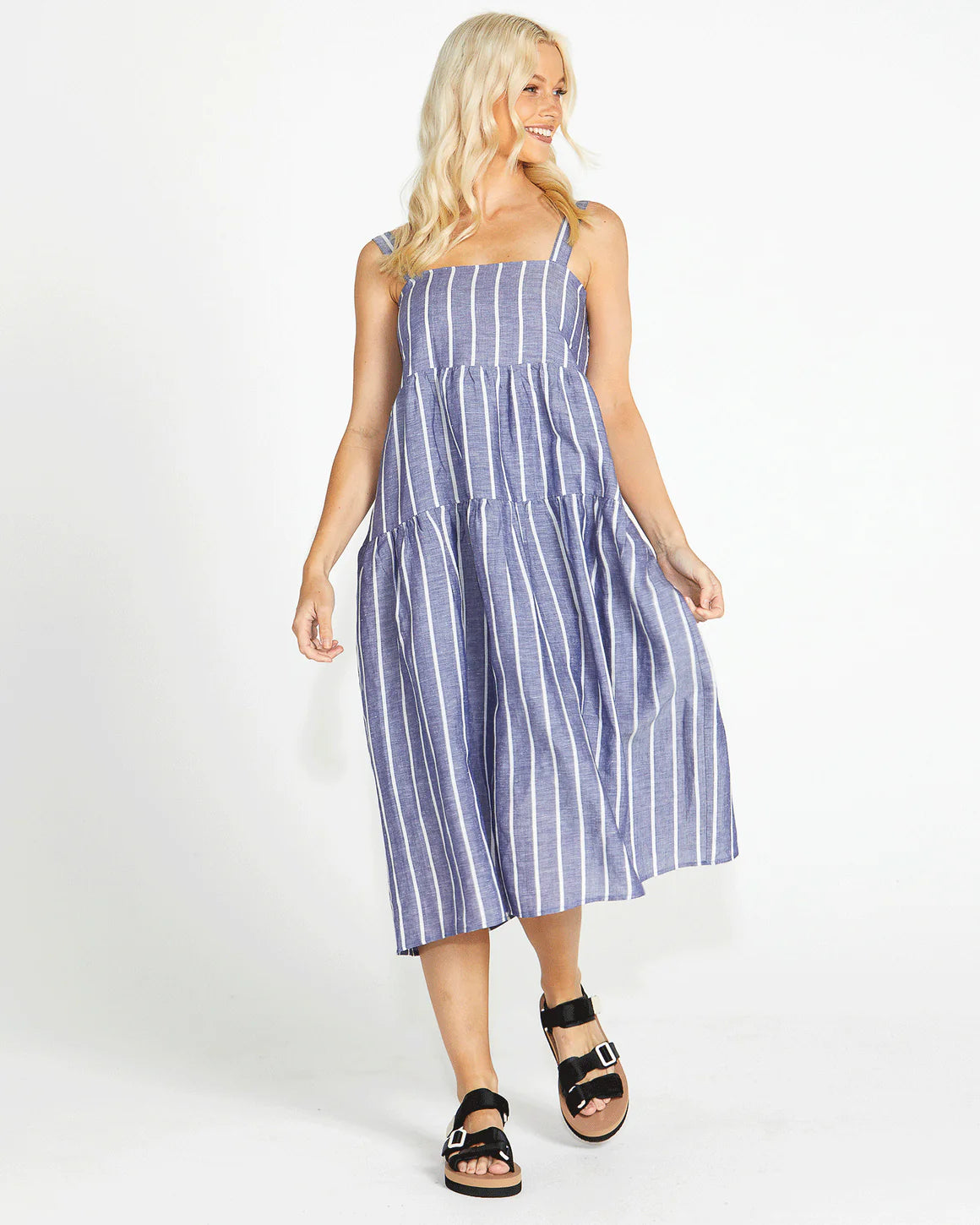 Lydia Shirred Back Midi Dress - Navy Stripe