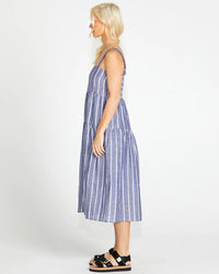Lydia Shirred Back Midi Dress - Navy Stripe