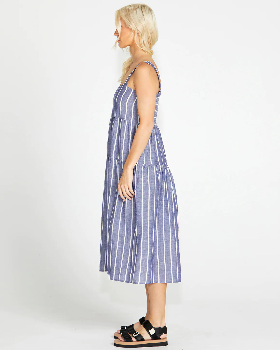 Lydia Shirred Back Midi Dress - Navy Stripe