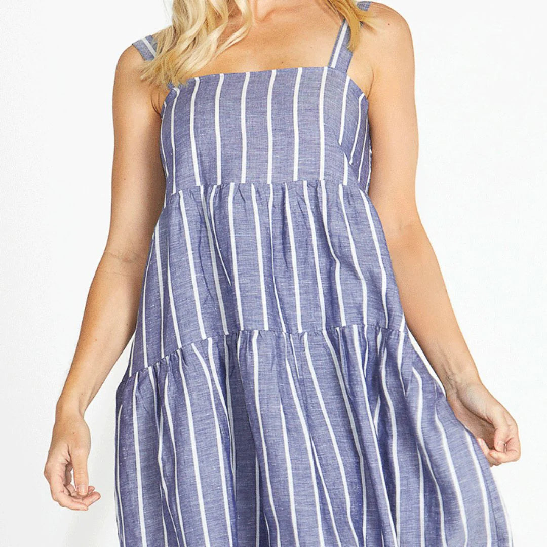 Lydia Shirred Back Midi Dress - Navy Stripe