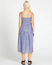 Lydia Shirred Back Midi Dress - Navy Stripe