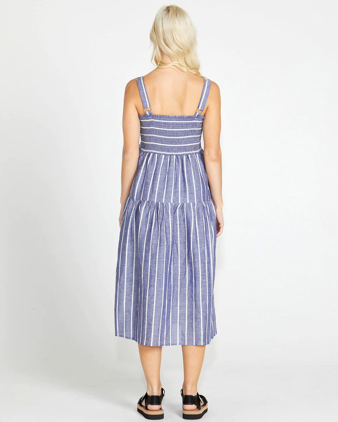 Lydia Shirred Back Midi Dress - Navy Stripe