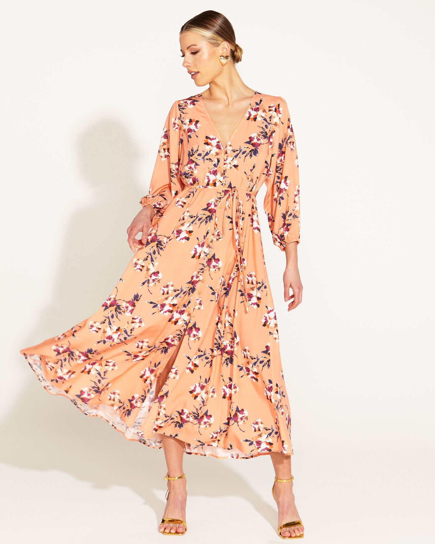 Peach Sky Button Front Flowy Midi Dress