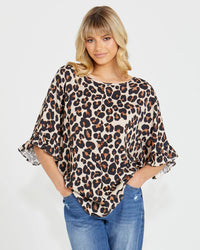 Kylie Relaxed Frill Sleeve Top - Animal