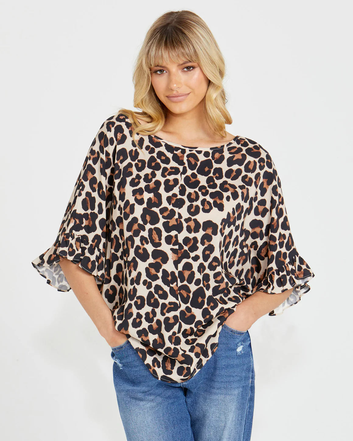 Kylie Relaxed Frill Sleeve Top - Animal