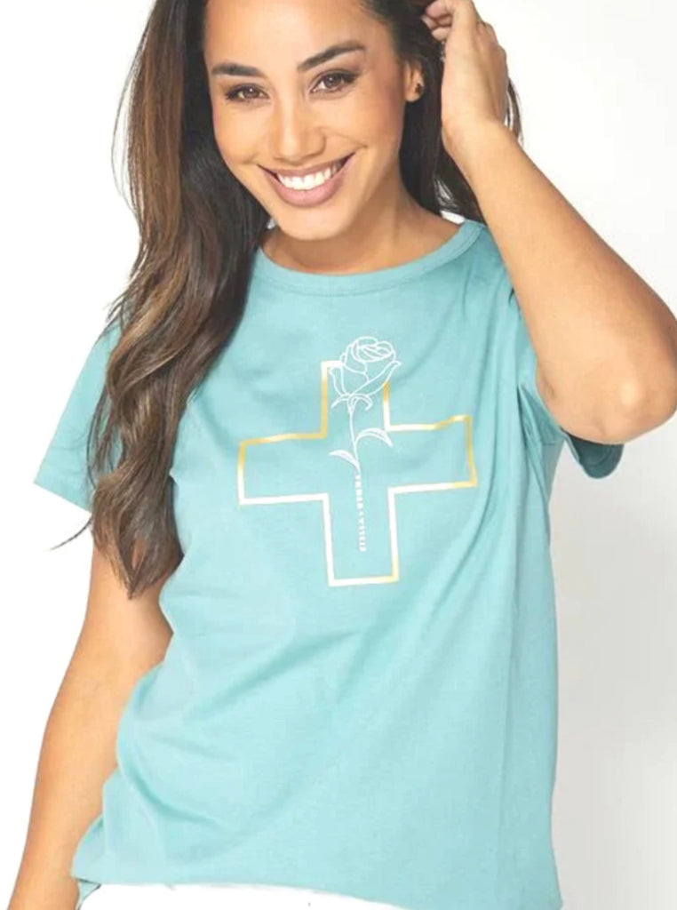 TEAL WITH WHITE ROSE GOLD CROSS T-SHIRT